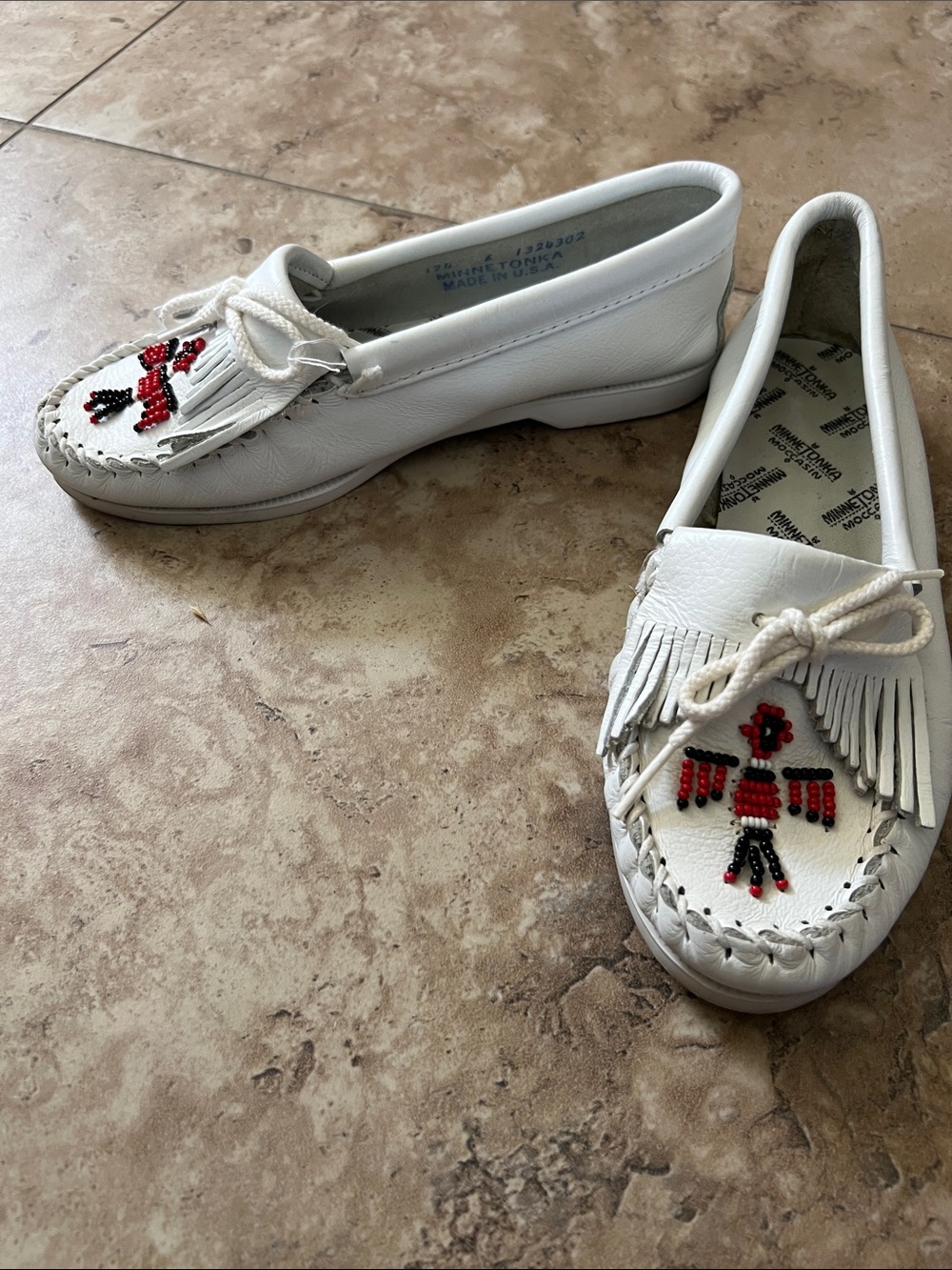 Minnetonka White Leather Beaded Fringe Moccasins with Red and Black Accents